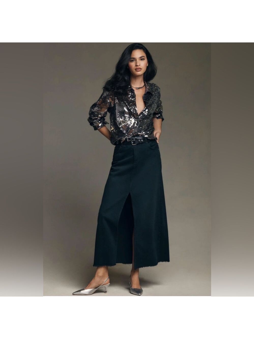 Anthropologie Pilcro Madi Black Denim Maxi Skirt Size 6 Front Slit